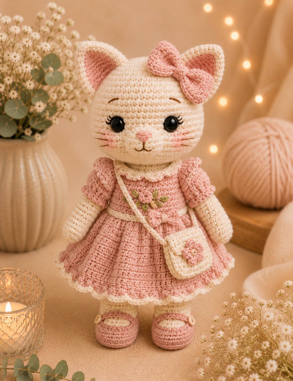 Gatinha Belle em crochê com vestido rosa e bolsinha
