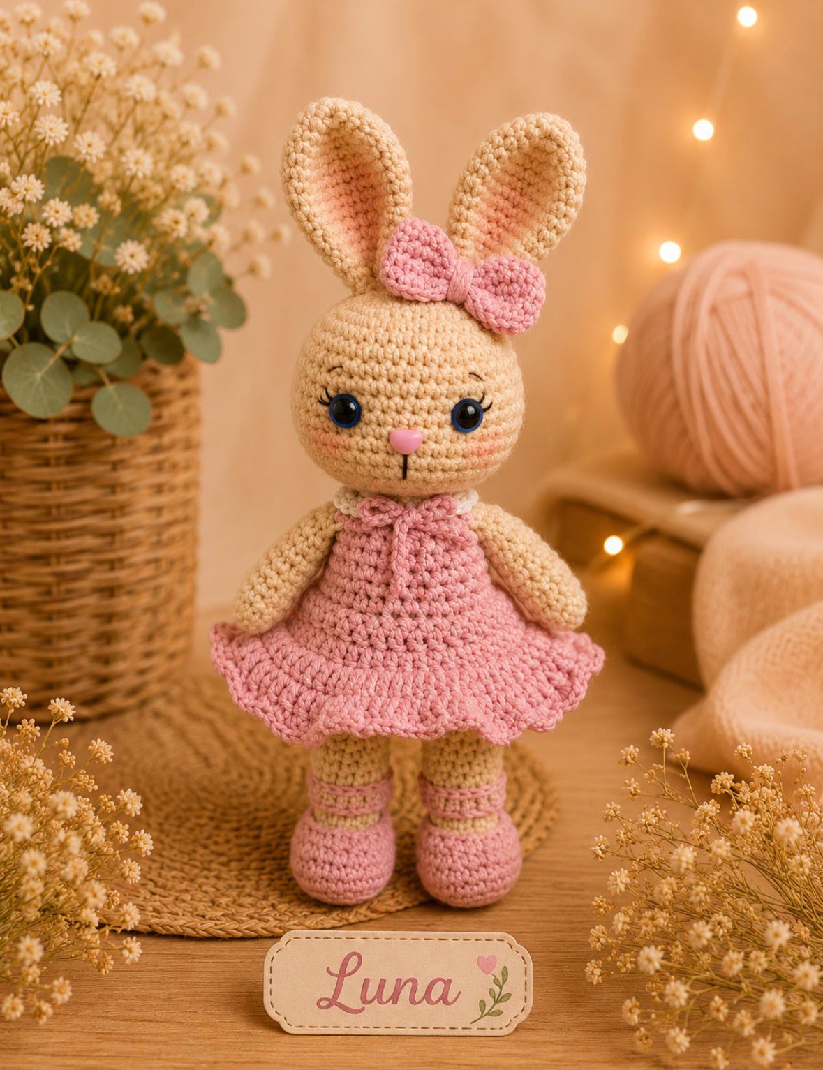 Coelhinha Luna em crochê com vestido rosa e laço - peça assinatura Afeto em Fios