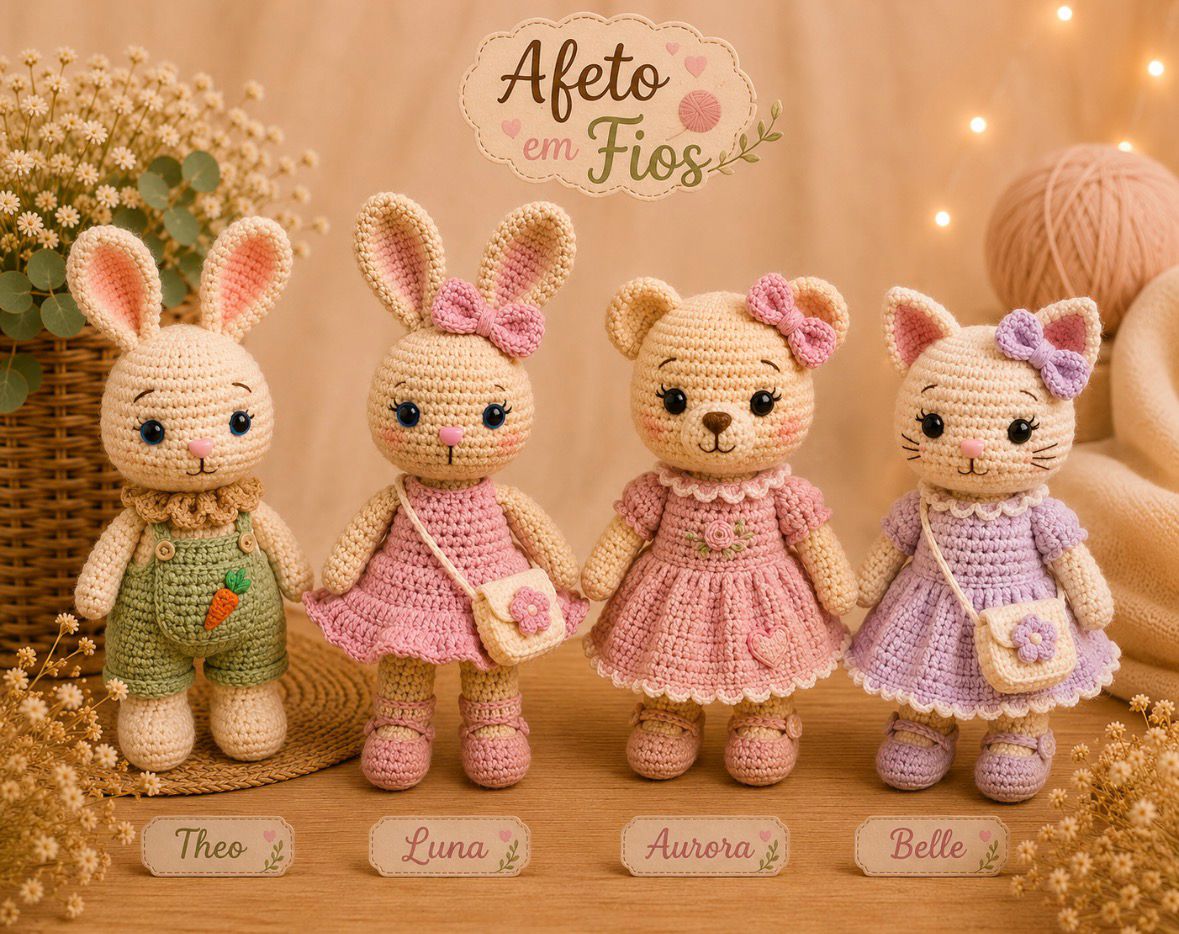 Coleção completa Afeto em Fios - Coelhinho Teo, Coelhinha Luna, Ursinha Aurora e Gatinha Belle em crochê