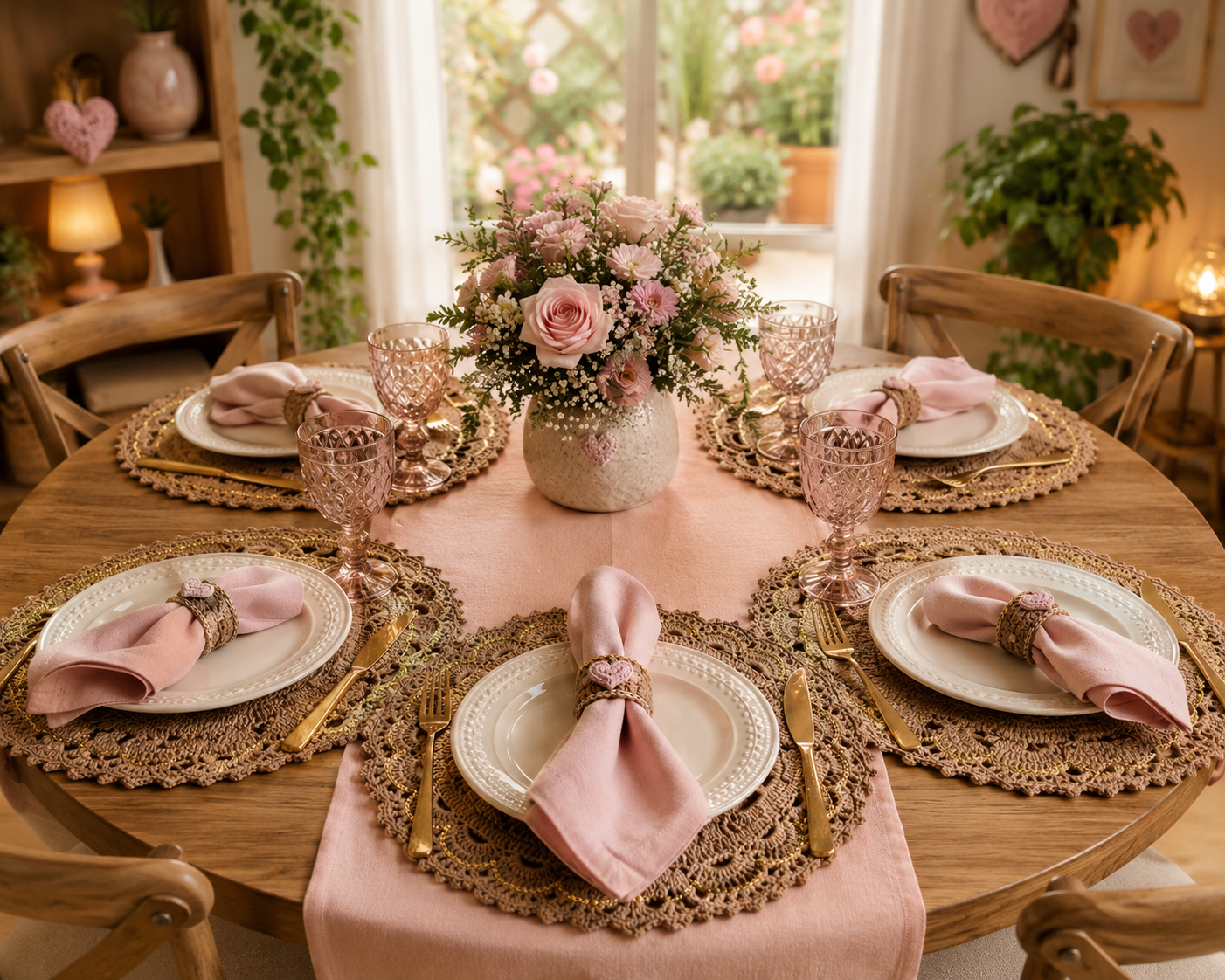 Mesa posta completa com 4 lugares - souplats caramelo, porta-guardanapos coração rosé, talheres dourados e centro de flores