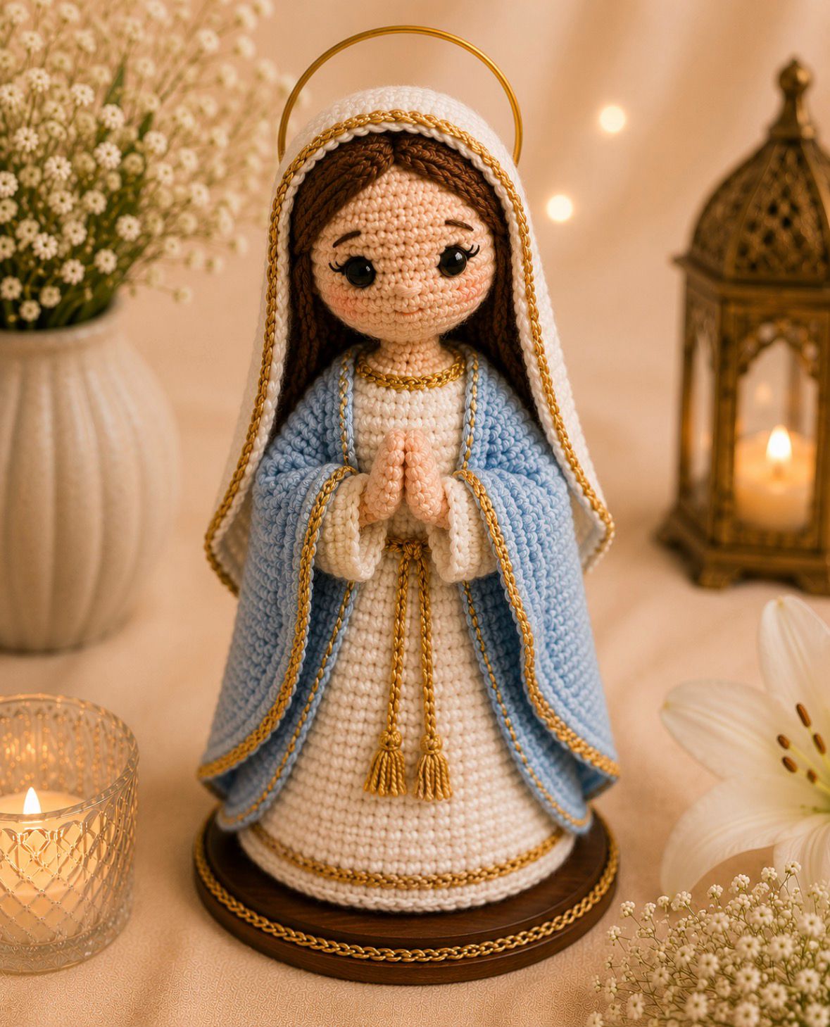 Nossa Senhora Maria em crochê - manto azul claro com véu branco e halo dourado