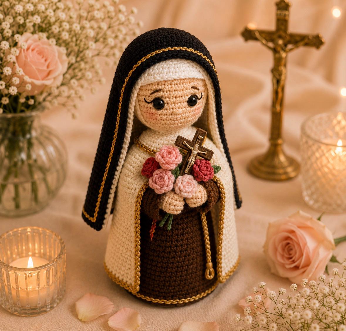 Santa Terezinha do Menino Jesus em crochê com véu preto, manto bege e rosas rosé