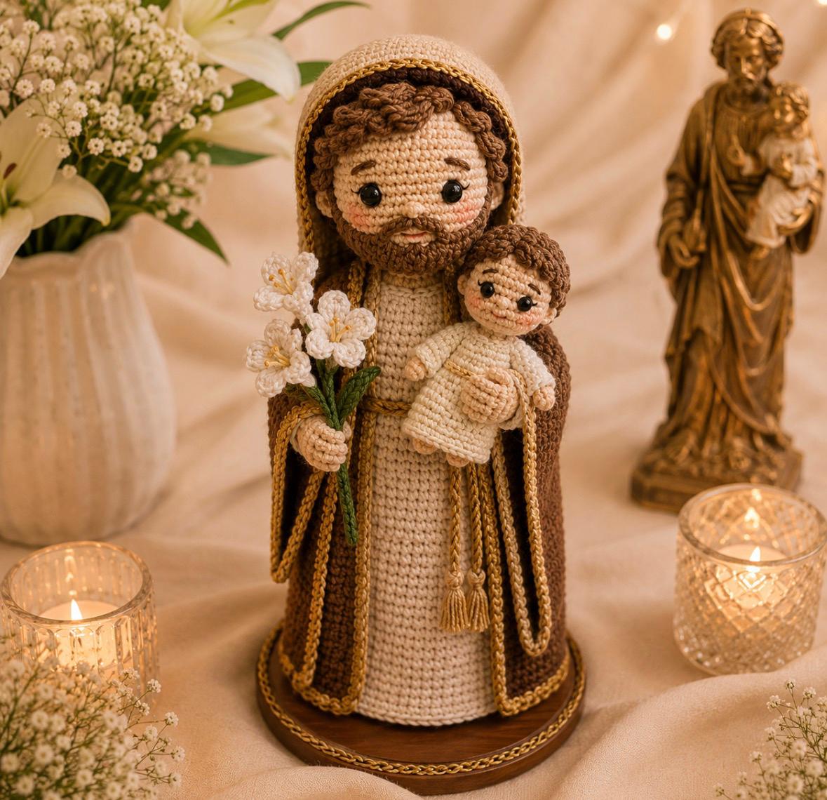 São José em crochê com Menino Jesus e lírios brancos