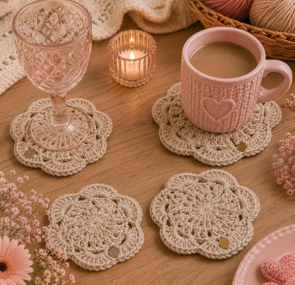 Porta-copos de crochê em formato flor creme com botão dourado - kit lembrança Amante dos Fios