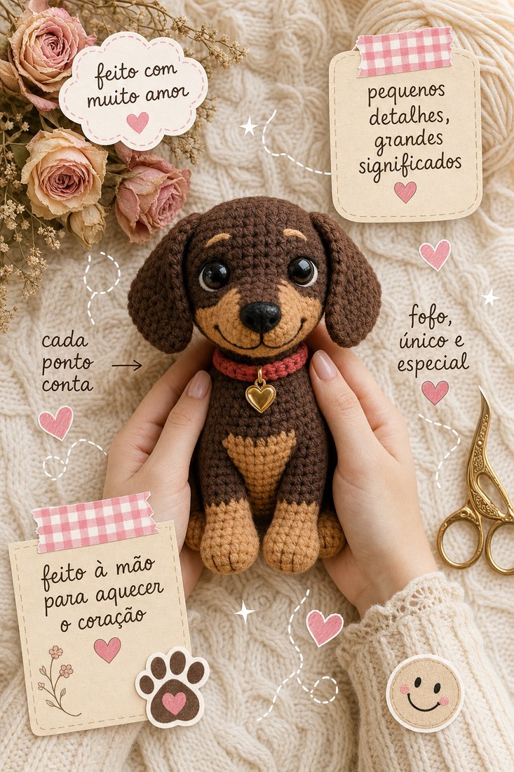 Exemplo de amigurumi cachorrinho com etiquetas decorativas — inspiração do que pode ser criado