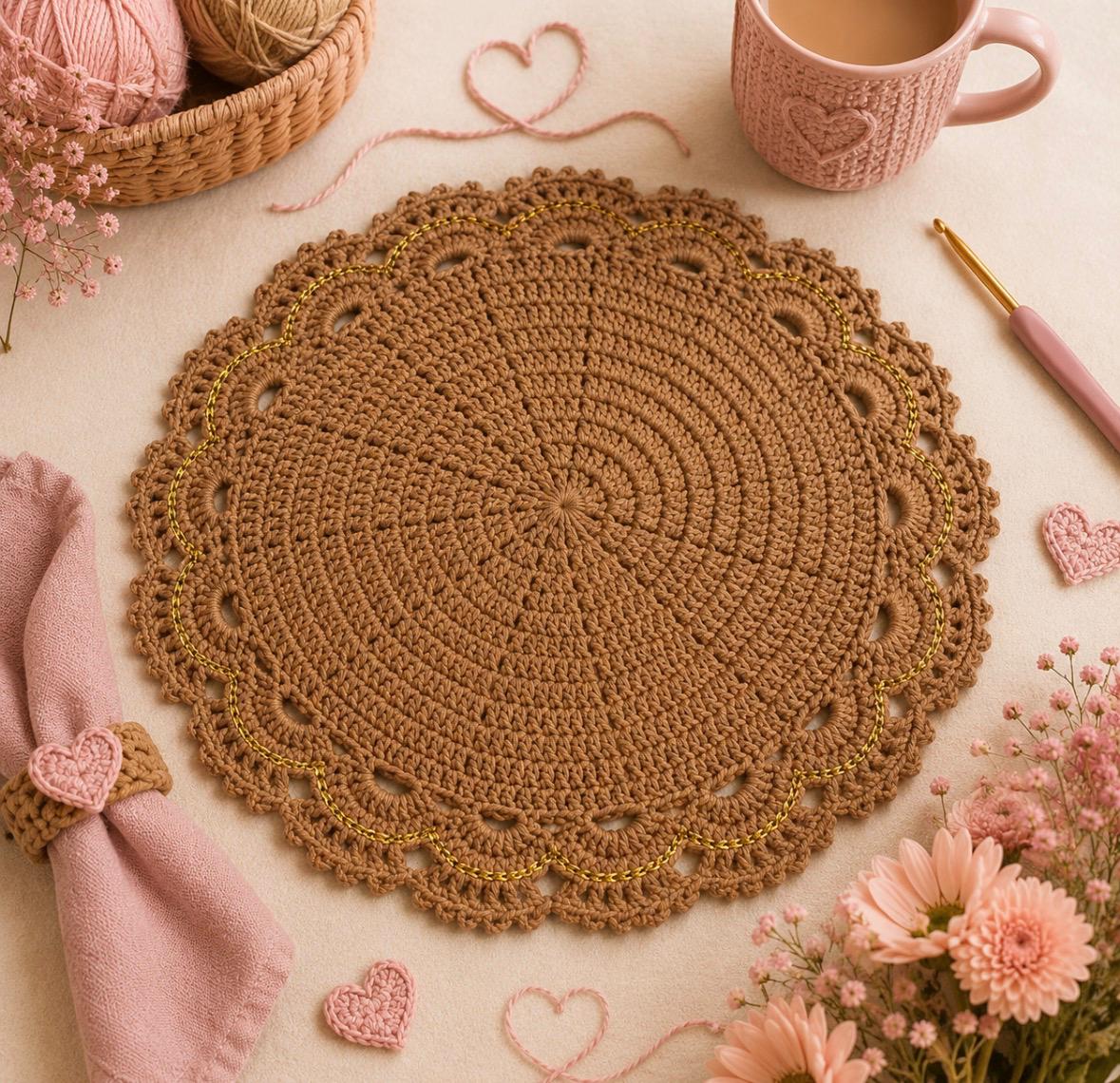 Souplat de crochê marrom caramelo com borda dourada cintilante - mesa posta artesanal Amante dos Fios
