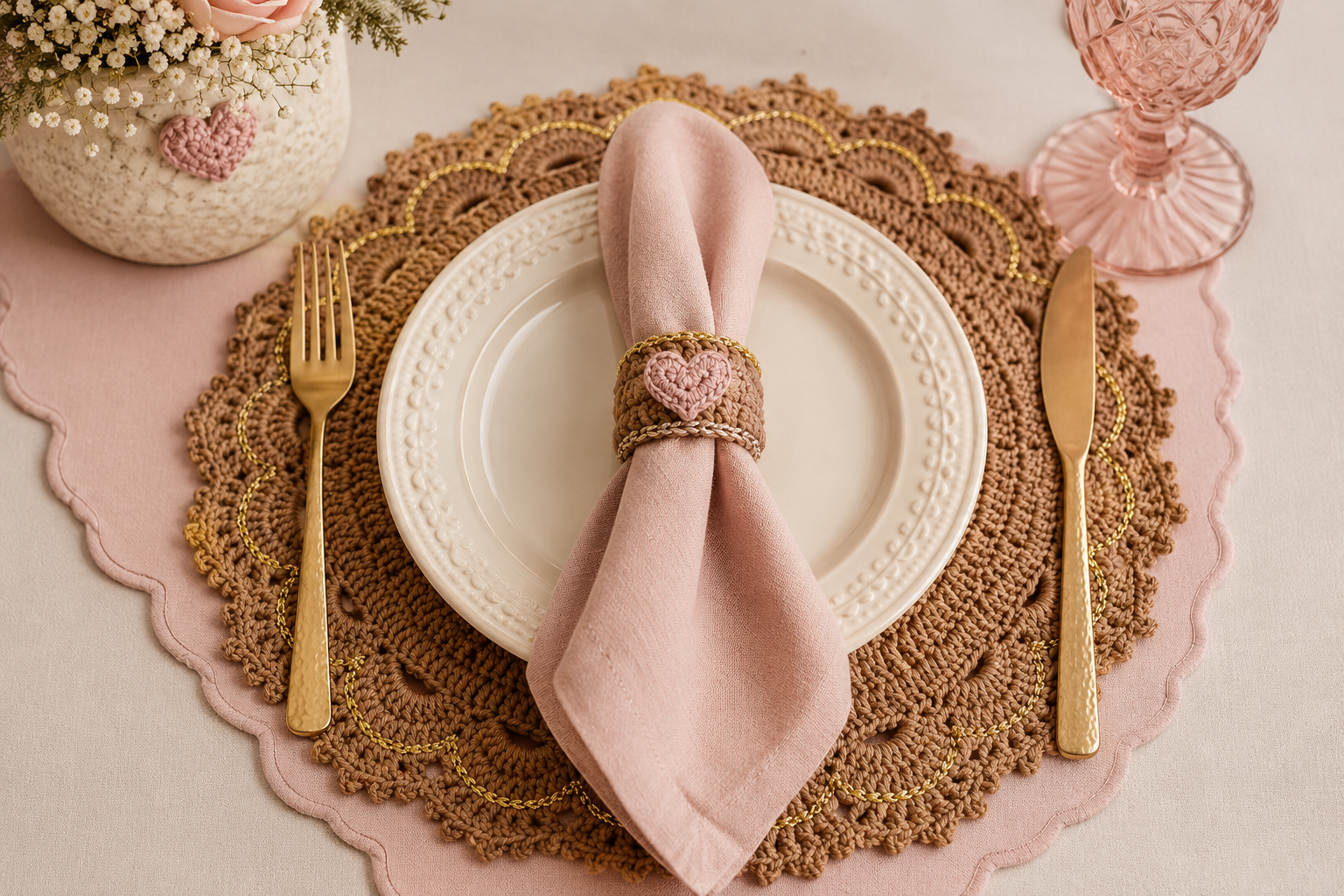 Mesa posta com souplat de crochê caramelo, guardanapo rosé com porta-guardanapo coração e talheres dourados - estilo Amante dos Fios